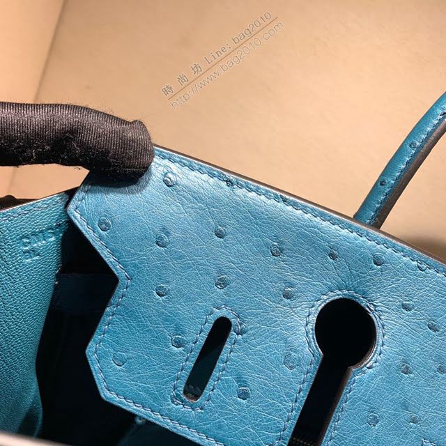 Hermes女包 愛馬仕Birkin30cm Hermes鉑金包 Ostrich鴕鳥皮 全手縫蠟線 S7 Blue Galice加利西亞藍  am1904